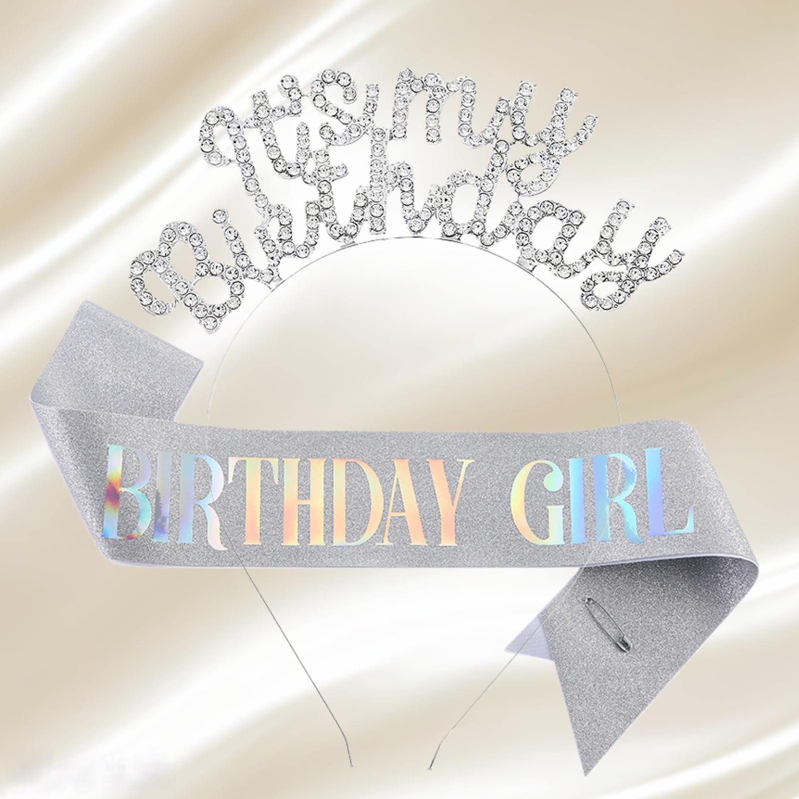 JiaaOne Birthday Sash and Tiara Set, Birthday Girl Headband with Rhinestone, Double-Row Gems Silver Tiara for Girls & Women, Glitter Shoulder Sash Princess Crown