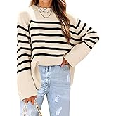 XINWEIZZ Womens Sweaters Fall 2025 Overiszed Striped Long Sleeve Side Slit Loose Pullover Sweaters Knitted Tops