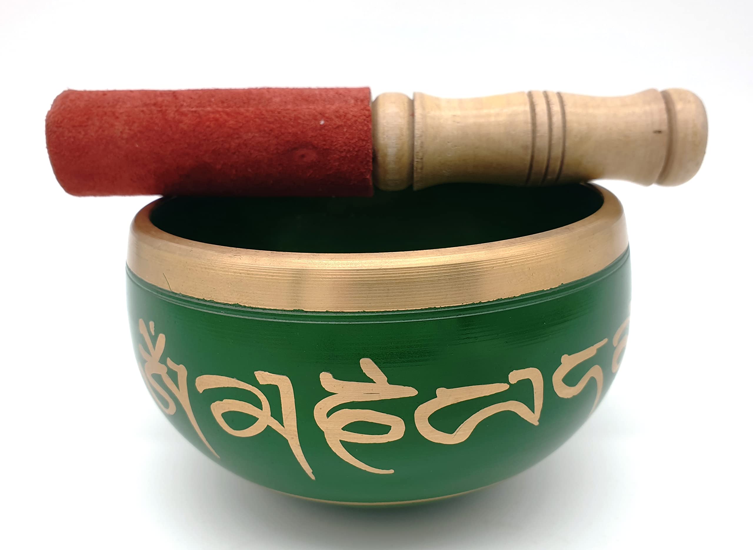 Original Tibetan Singing Bowl Om Mani Handmade Solid Brass 500 g 11.5 cm Hand-Painted Green Gold with Beater