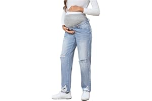 BEAUDRM Women's Maternity High Waist Denim Pants Ripped Straight Leg Jean Pants with Pockets