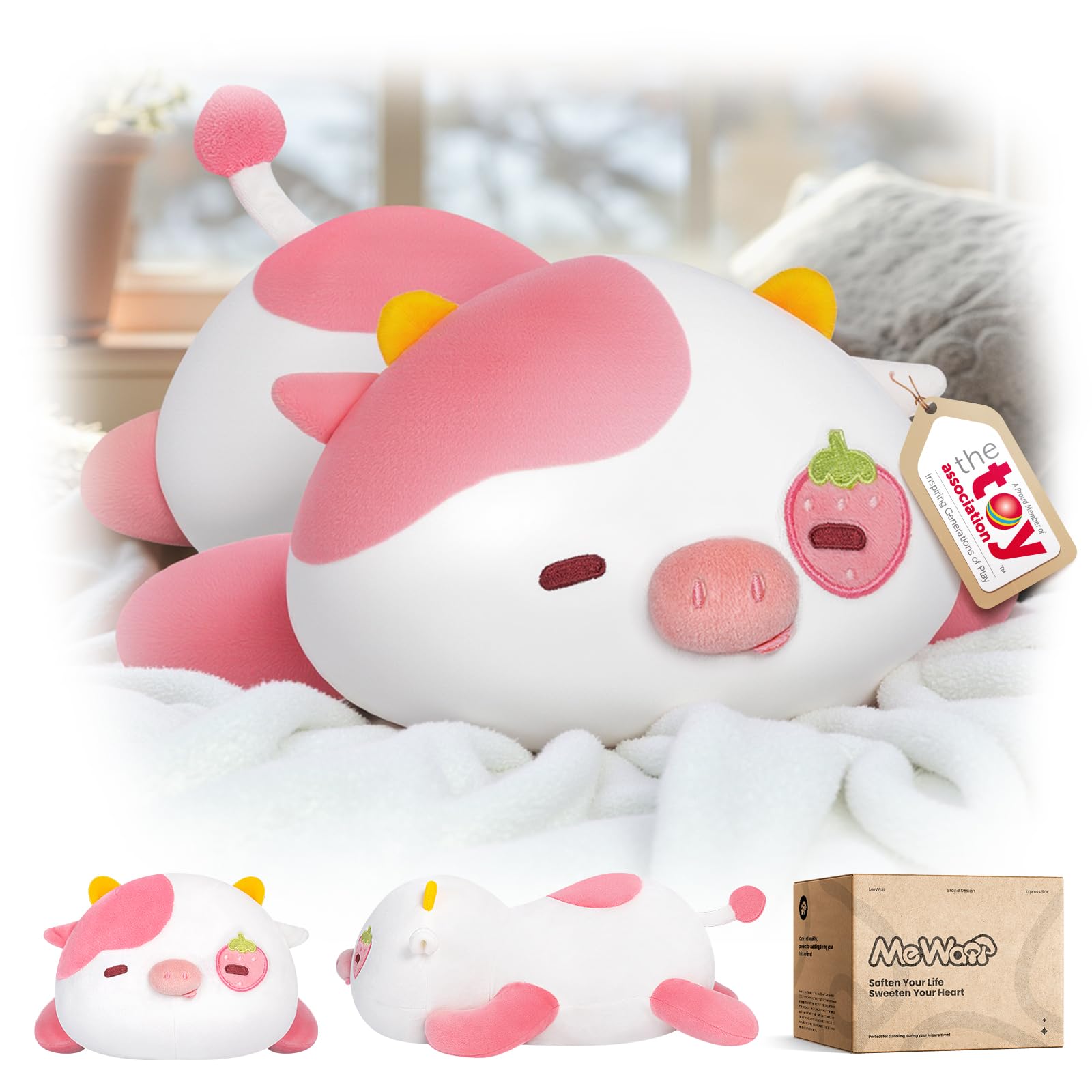 Mewaii Strawberry Cow Plush - Cute Soft Strawberry Cow Body Pillow Plush Toy for Kids, Girls & Teens - Squishy Pillow for Cuddling, Napping & Room Decor - 13 Inch Stuffed Animal Gift