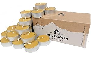 Bluecorn Beeswax Tea Light Candles, 100% Pure Natural Bees Wax, Yellow Tea Lights in Metal Cups, Fragrance Free, Clean Burning, Long Lasting Candle Wax, Christmas Decor, American Made, 24 Pack