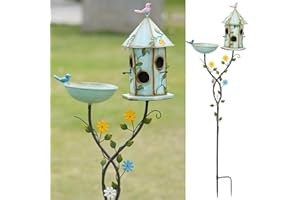 HLQMFHT 56" H Bird Baths and Bird Houses with Pole,Metal Bird Bath Bowl,birdhouses for Outdoors,Bird Bath with Stake,Garden Yard Decor