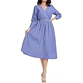 LUXEBOLD Women's Long Sleeve V Neck Maxi Dress Striped Casual Flowy A-line Mid Dress Elastic Waist Long Dresses with Pockets