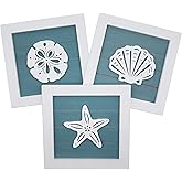 Ocean Theme Wall Decor Set of 3 7x7 in Rustic Beach Decor 3D Starfish Seashell and Sand Dollar Wooden Beach Bathroom Decor Oc
