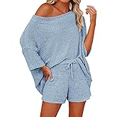 Mafulus Women's 2 Piece Outfits Sweater Sets Off Shoulder Knit Top Shorts Matching Suits Cute Pajama Lounge Set