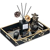 Hanobe Decorative Serving Tray Black: Imitation Marble Coffee Table Tray Decor with Handle Gold for Bar Ottoman Bathroom Counter Home Display