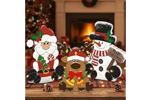 GlikCeil 3 Pcs Christmas Wooden Table Decorations Snowman Reindeer Santa Claus Centerpiece Block Holiday Wood Tiered Tray Tabletop Sign for Office Dining Room Mantle Home Party Supplies
