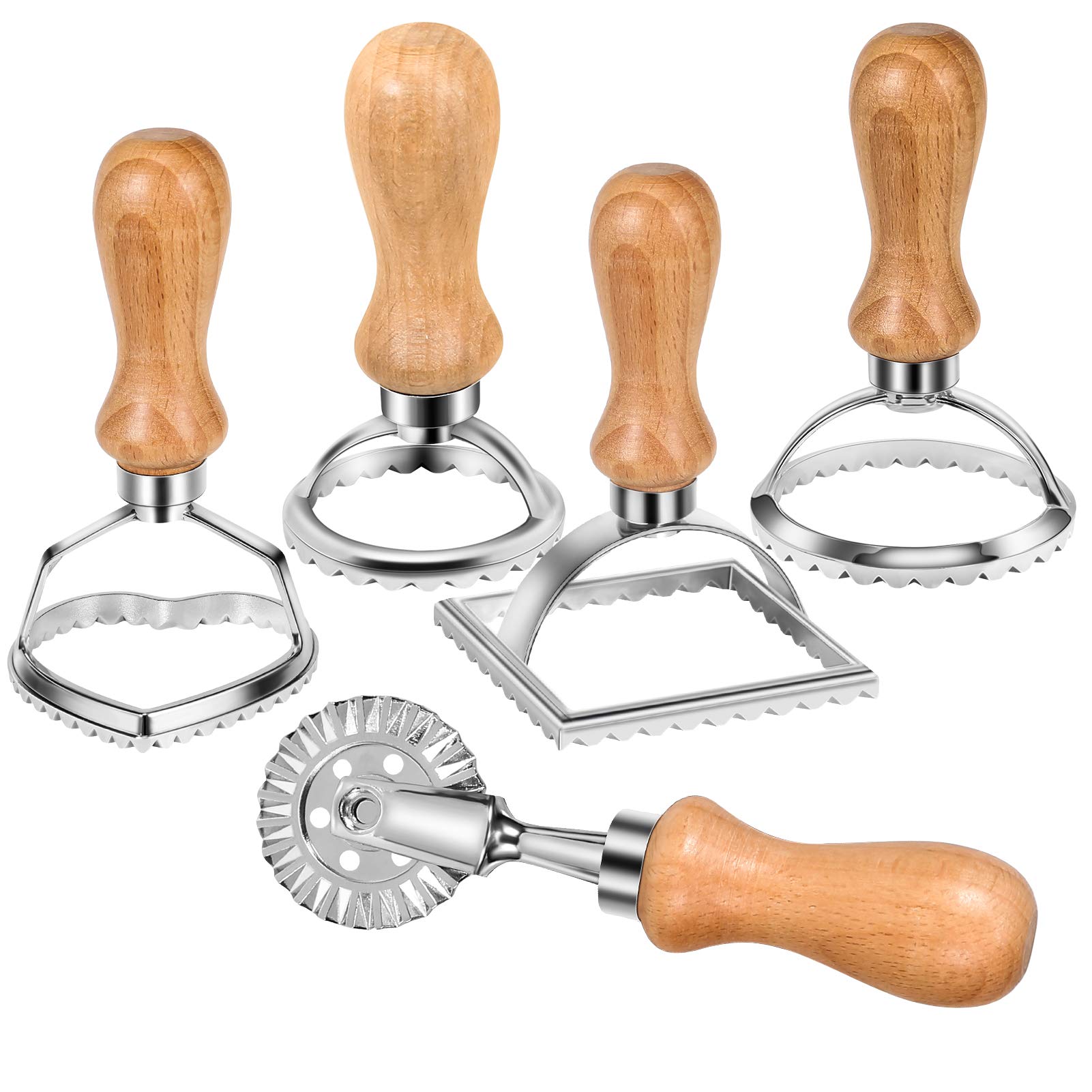 Ravioli Maker Cutter Stamp 5Pcs Pasta Molds Set,Wooden Handle Molds for Kitchen Square Ravioli and Round Stamp,Heart Pasta Press with Cutting Wheel (5pcs)