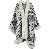Women's Leopard Print Shawl Wraps Fur Collar Open Front Knitted Poncho Oversized Warm Cardigan Capes for Fall Winter
