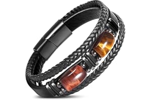 Enjoy Risingsun Tiger Eye Black Leather Bracelet Men Natural Tiger Eye Gemstone Crystal Stone Jewelry Handmade Courage And Stress Relief Protection Bracelet