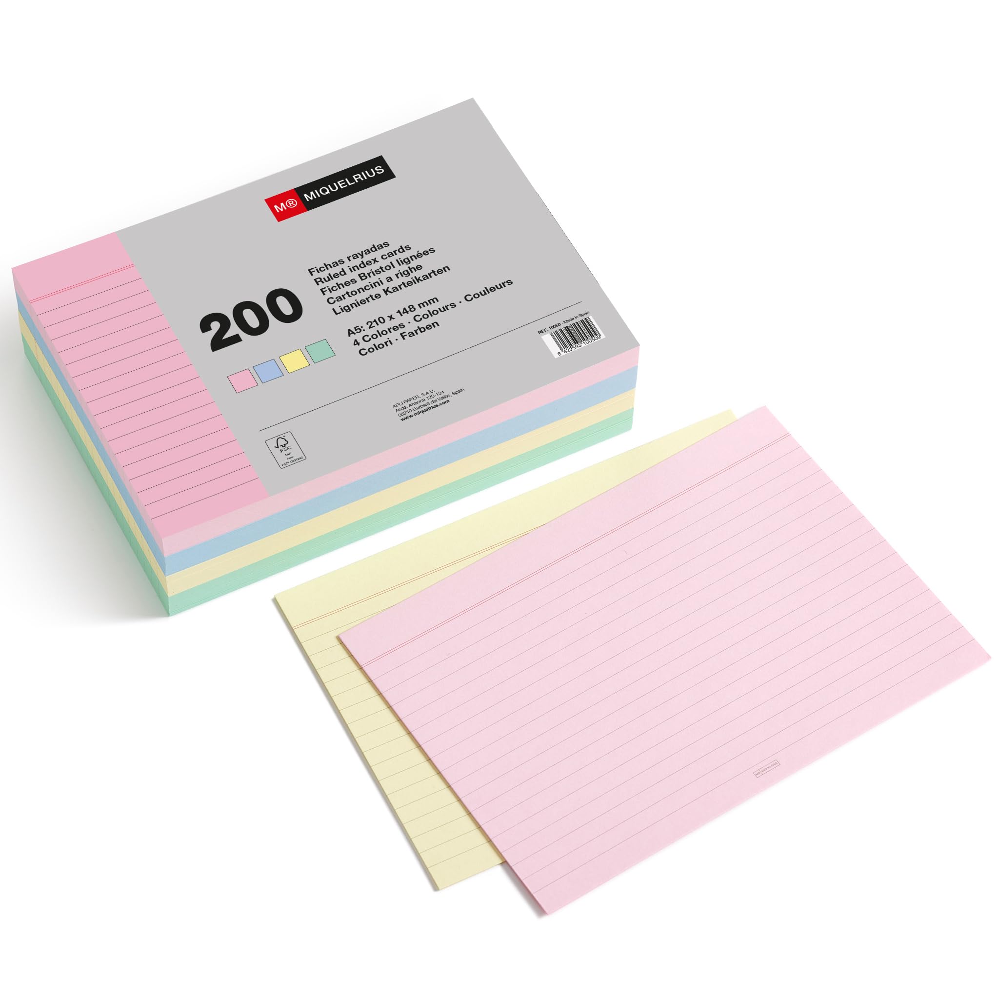 Miquelrius 200 Notecards - Horizontal Ruled A5 Size 148x210mm 200gsm Offset Card Paper Pastel