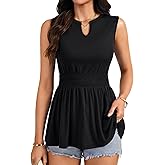 Rooscier Women's Sleeveless Notch V Neck Shirred Ruched Peplum Work Blouse Shirt Tops