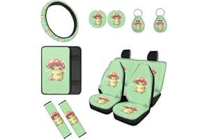 Biyejit Cartoon Frog Mushroom Car Seat Covers Full Sets with Steering Wheel Covers, Seat Belt Cover, Console Armrest Pads, Auto Keychains, Car Coasters, for Most SUV Truck, Set of 12