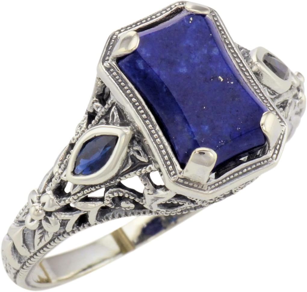 Jansjewells Art Deco Style Filigree Lapis Lazuli and Sapphire Ring in Sterling Silver (sz 8)
