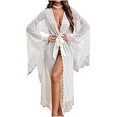 OYOANGLE Women's Long Bell Sleeve Lace Sheer Belted Long Robe See Through Bride Kimono Bathrobe Wedding Lingerie