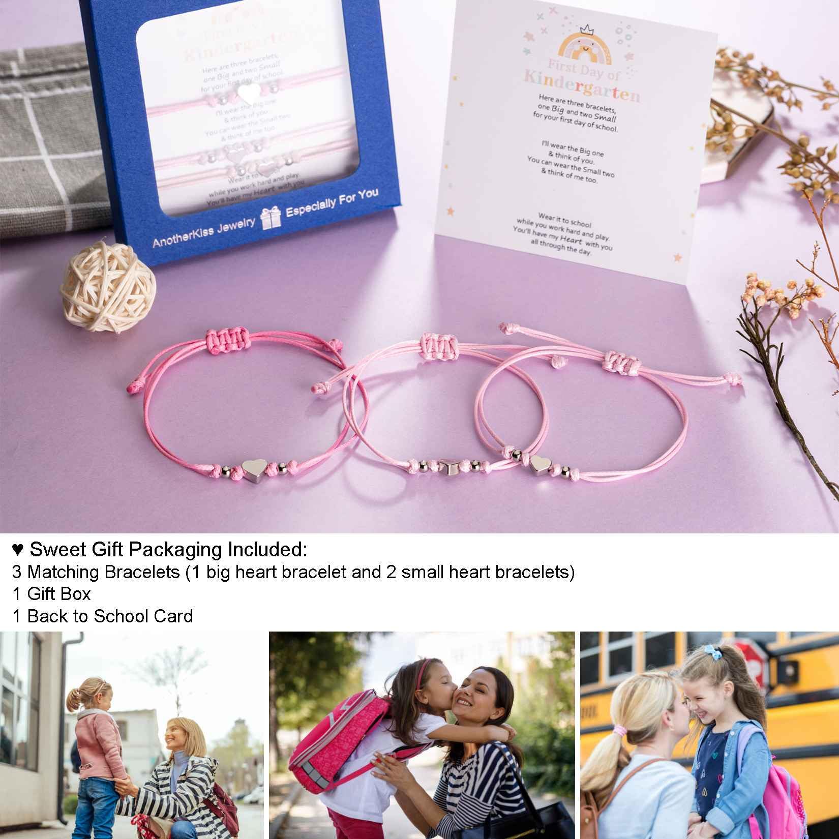 AnotherKiss Back to School Gifts Mommy and Me Matching Bracelets for Mom Daughter, First Day of School Gifts for Girls, Mother Daughter Bracelet Set 3pcs (1 Deep Pink & 2 Pink)