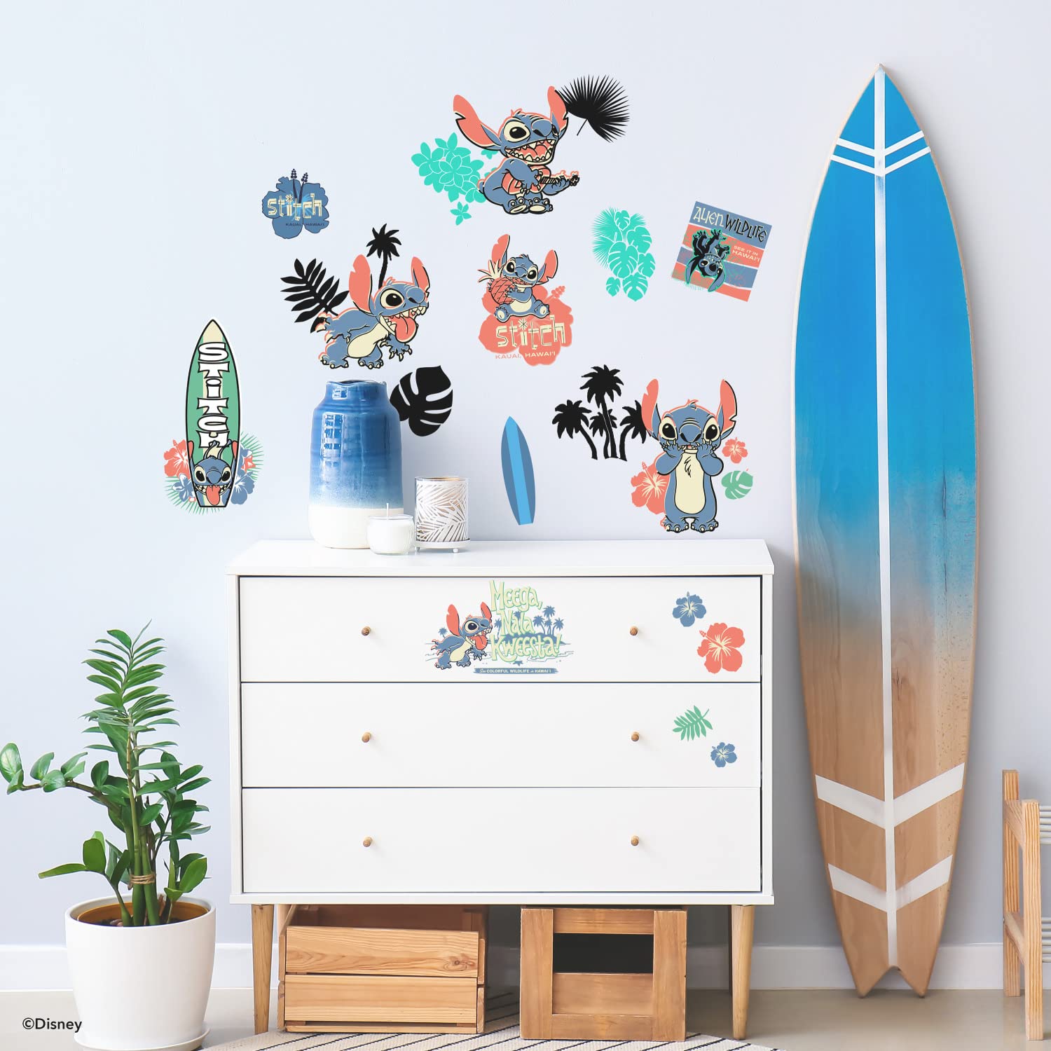 Disney RMK5367SCS Stitch Surfer Repositionable Stickers, Blue, Green, Black