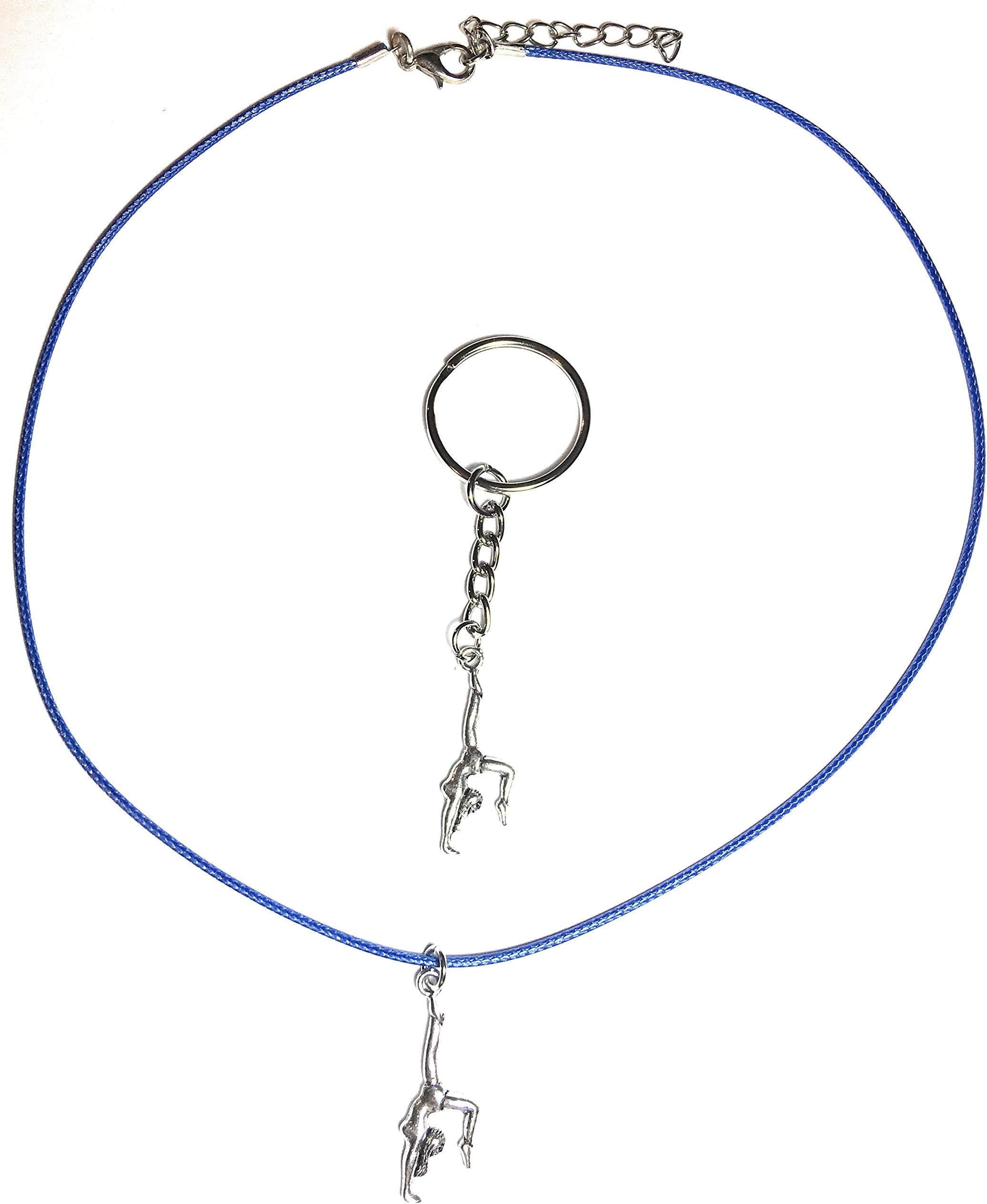 Fizzy Button Gifts Gymnast Charm Necklace and Key Ring with Gift Bag (Blue)