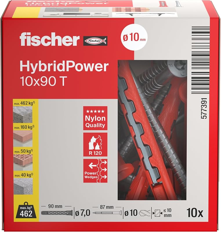 HybridPower 10 x 90 T, tacos para máxima capacidad de carga y seguridad, fácil montaje sin herramientas de montaje, universal para materiales perforados y sólidos, mampostería, hormigón