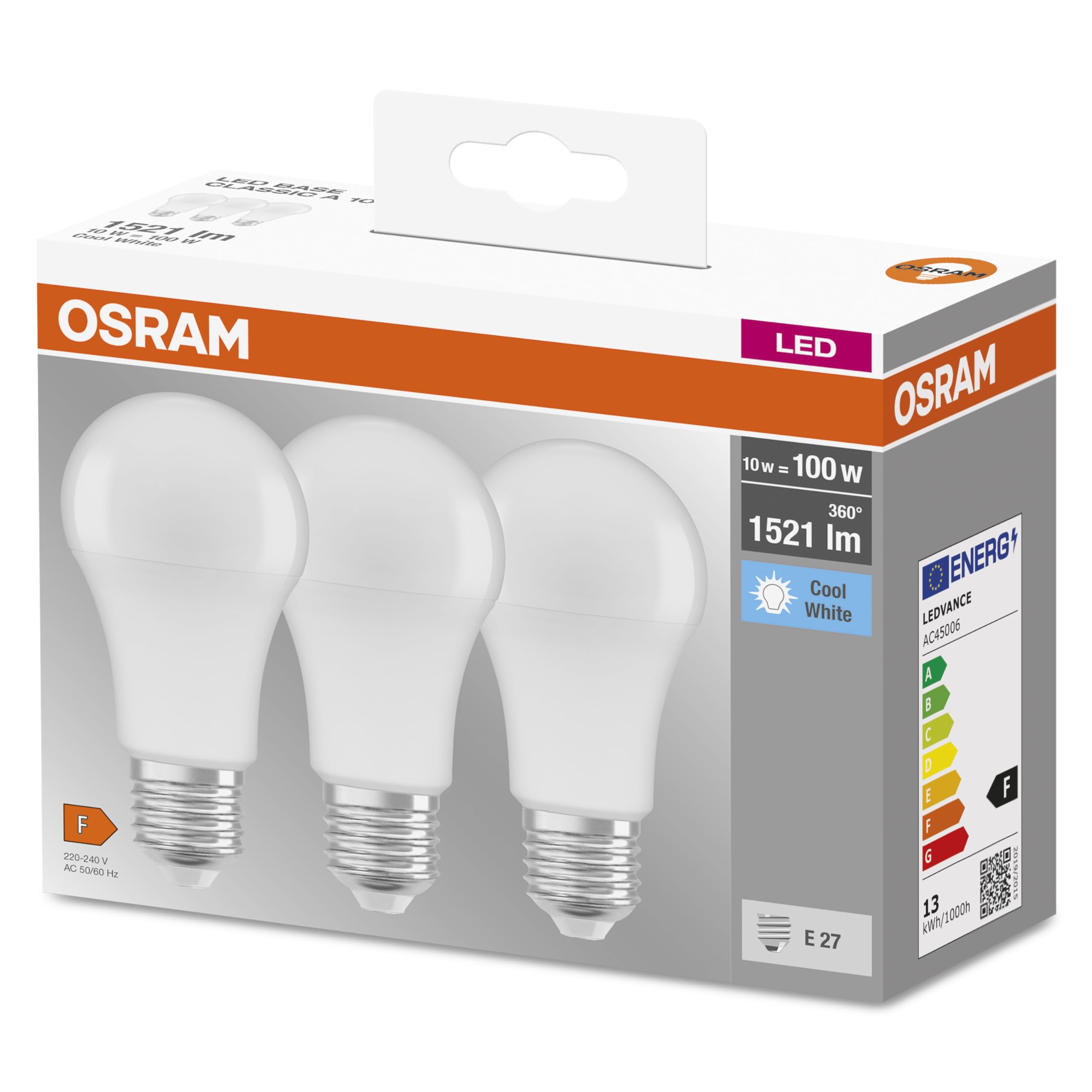 Osram Bulb Shape Base Classic A LED Lamp, Plastic, Cool White, E27, 14 W, Set of 3