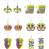 Ymimanchil 2/4/6 Pairs Mardi Gras Earrings for Women Mardi Gras Mask Crown Drum Earrings Mardi Gras Theme Earrings Fleur De Lis Dangle Earrings Mardi Gras Accessories