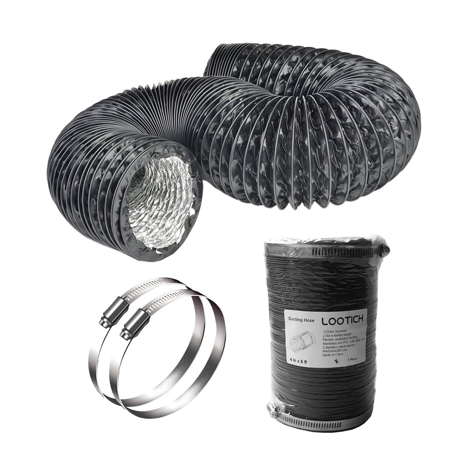 LOOTICH Strong 4" Air Duct 8 FT Long Black PVC Flexible Aluminum Ducting with 2 Stainless Steel Clamps 4 Layer HVAC Ventilation Hose for Grow Tents Dryer Rooms House Vent Register Lines