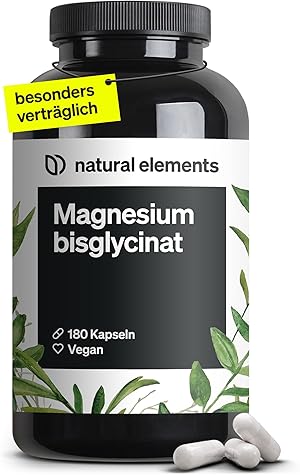 natural elements Magnesiumbisglycinat - Premium: Chelatiertes Magnesium - 180 Kapseln - 300mg elementares Magnesium pro Tagesdosis - Laborgeprüft, vegan, hochdosiert