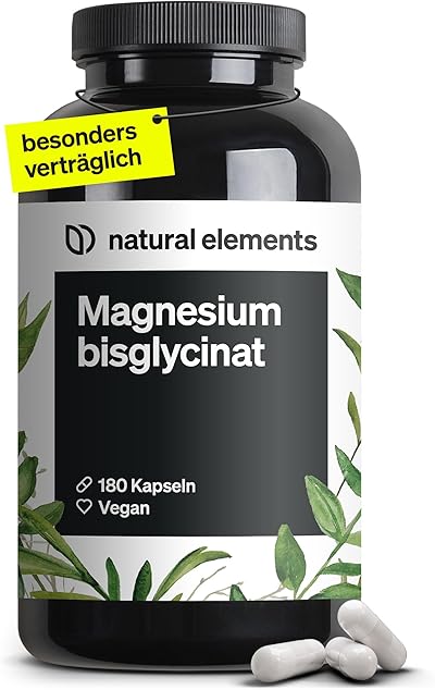 natural elements Magnesiumbisglycinat - Premium: Chelatiertes Magnesium - 180 Kapseln - 300mg elementares Magnesium pro Tagesdosis - Laborgeprüft, vegan, hochdosiert