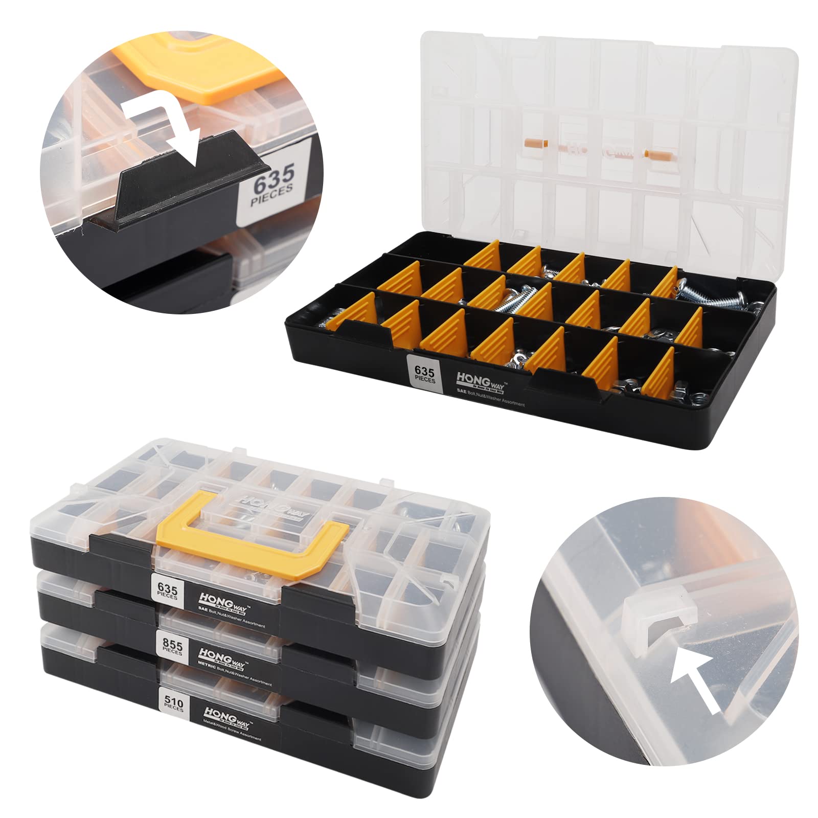 HongWay 2000pcs Hardware Assortment Kit, Nuts and Bolts Assortment Kit with 64 Sizes Bolts, Nuts & Washers Assortment and Metal & Wood Screw Organizer (3 Trays)