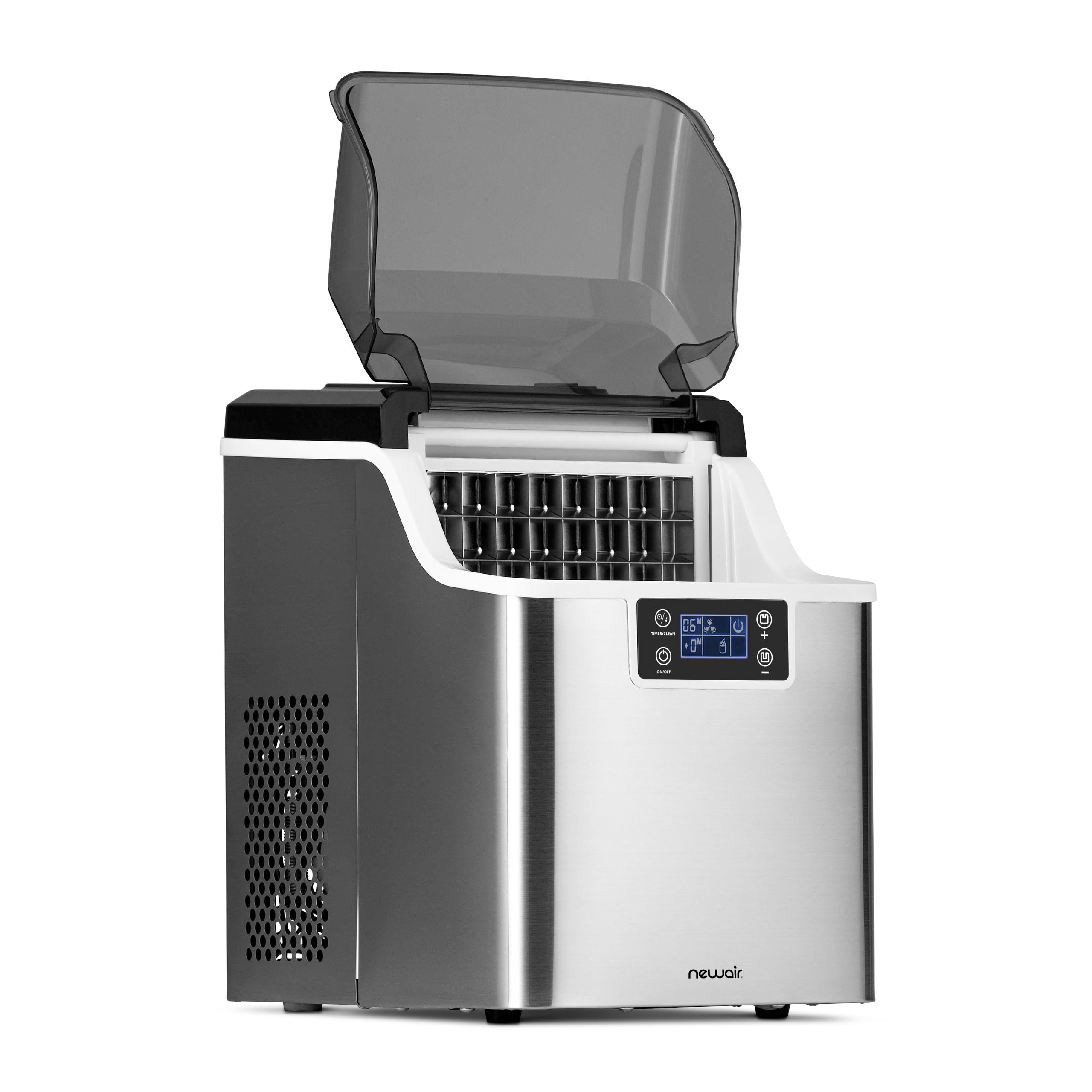 Newair Countertop Clear Ice Maker, 45lbs/Day Ice Cube Machine, Self-Cleaning Function and Custom Ice Thickness, Portable Ice Maker, 24H Timer, Ideal for Home Office and Outdoor Bar, Stainless Steel