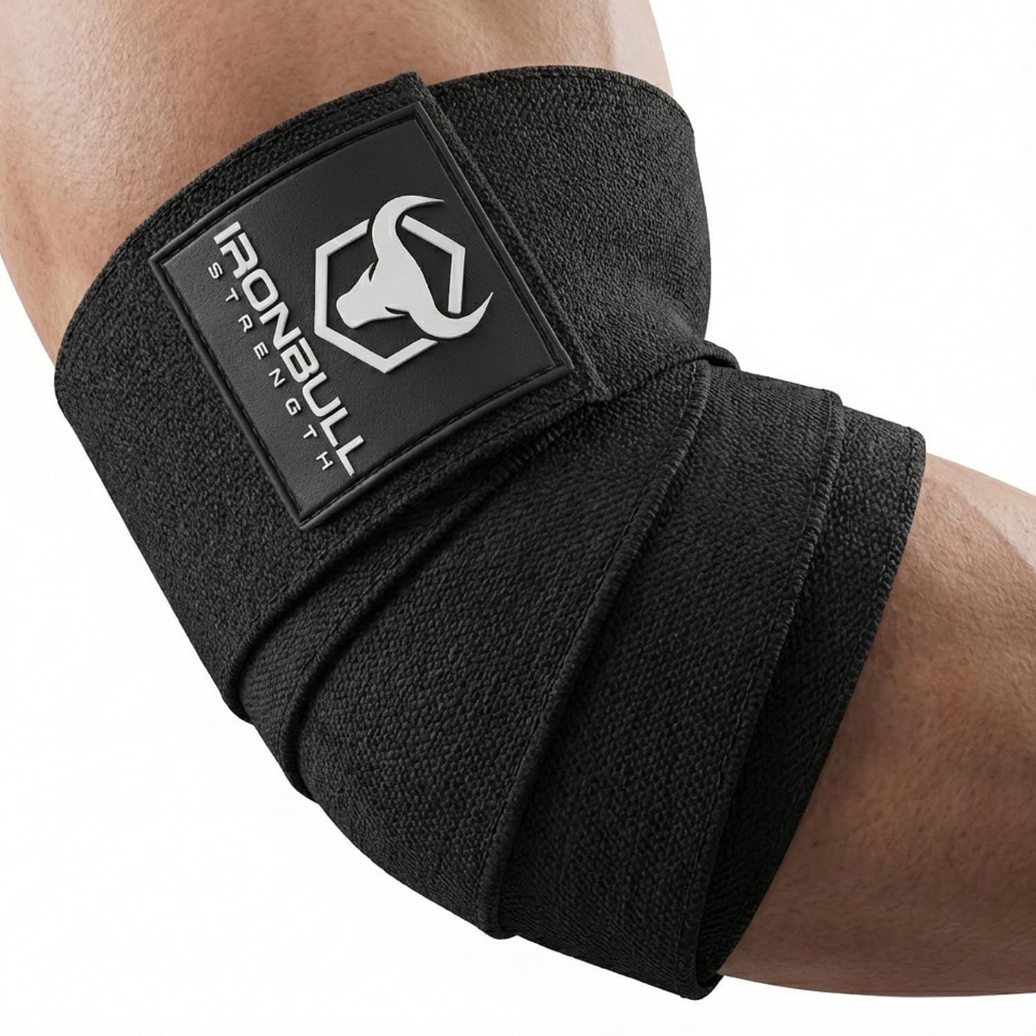 Iron Bull Strength Elbow Wraps (1 Pair) - 40" Elastic Elbow Support & Compression - For Weightlifting, Powerlifting, Fitness, Cross Training & Gym Workout - Elbow Straps for Weight Lifting (Black)