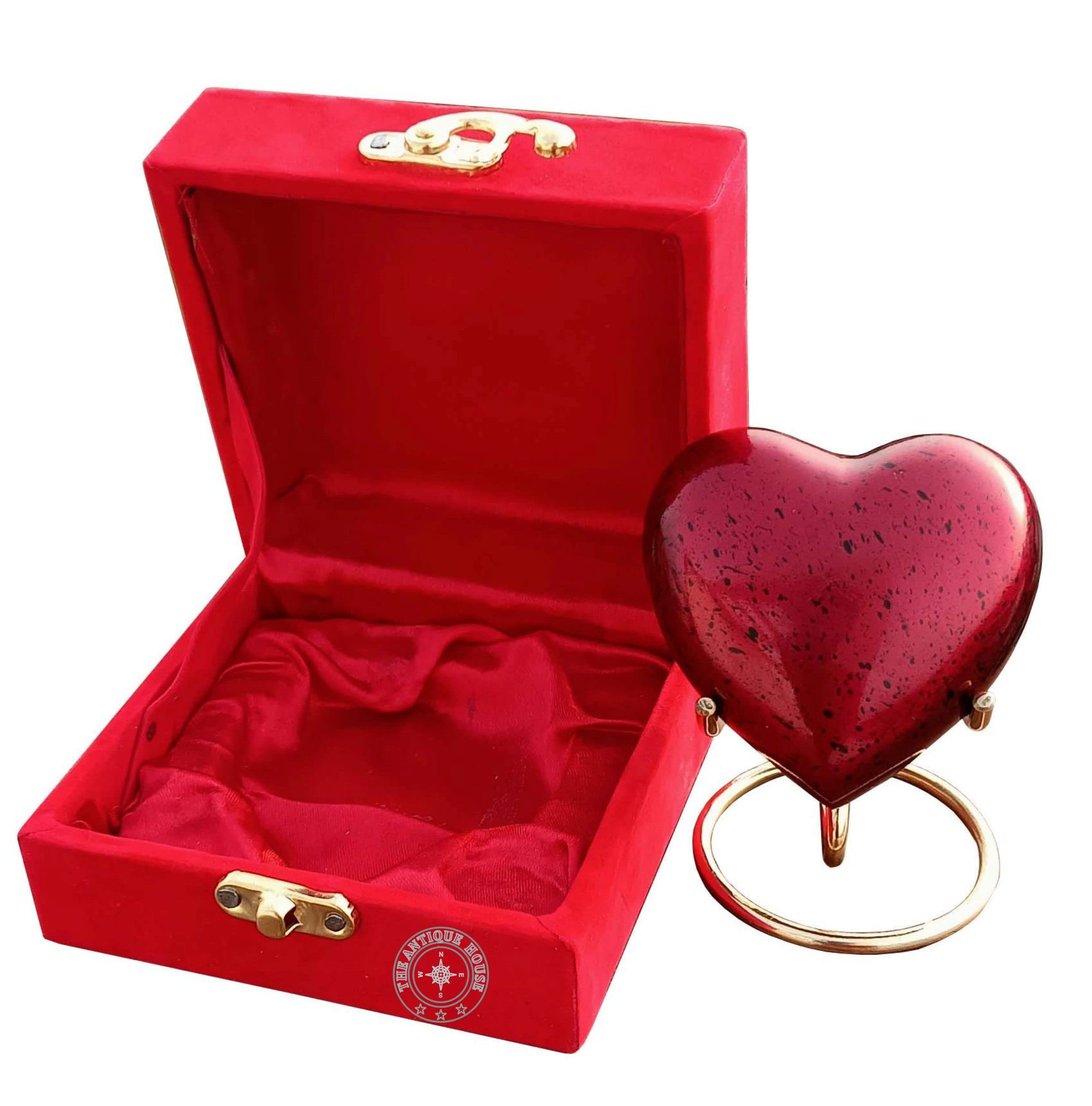 Red Heart Cremation Urn Keepsake with Red Box - Mini Heart Urn & Brass Stand for Your Loved One - Small Urn for Human Ashes - Handcrafted Aluminum - Perfect for Adults & Infants