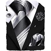 Hi-Tie Mens Tie Set Silk Striped Woven Necktie with Lapel Pin Pocket Square Cufflinks Set for Wedding Party