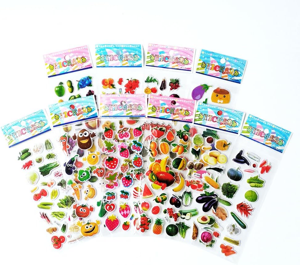 Joeliu Pack of 10 Sheets 3D Lovely Creative Vegetable Fruits Puffy Bubble Stickers, Scrapbooking, Kids Party Favours Gifts, Birthday Gifts