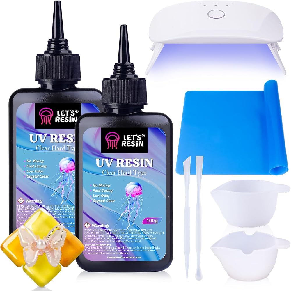 LET'S RESIN UV Resin Kit with Lamp 200g Crystal Clear Low Odor Solid UV Glue