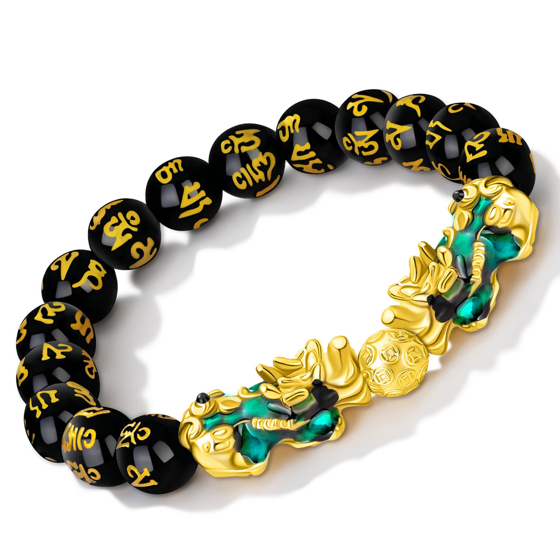 Feng Shui Prosperity 10mm Hand Carved Mantra Bead Bracelet with Double Color Changed Pi Xiu/Pi Yao Attract Wealth and Good Luck