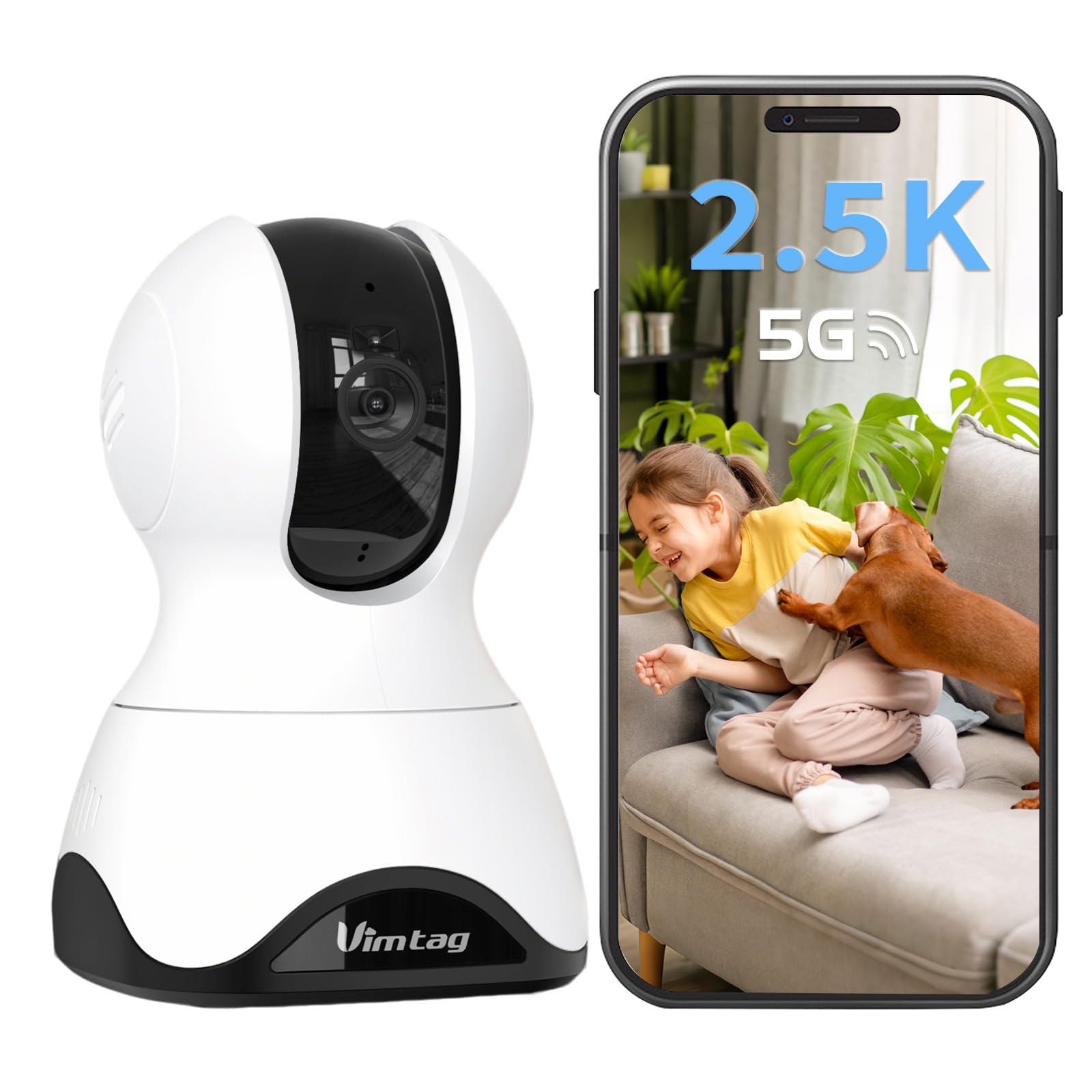 VIMTAG 2.5K Pet Camera Indoor with Phone App, 360° Dog Camera with Speaker, Indoor Cameras for Home Security, 5G/2.4G WiFi, Motion Tracking & AI Detection, 2-Way Audio, Night Vision, SD/Cloud Storage