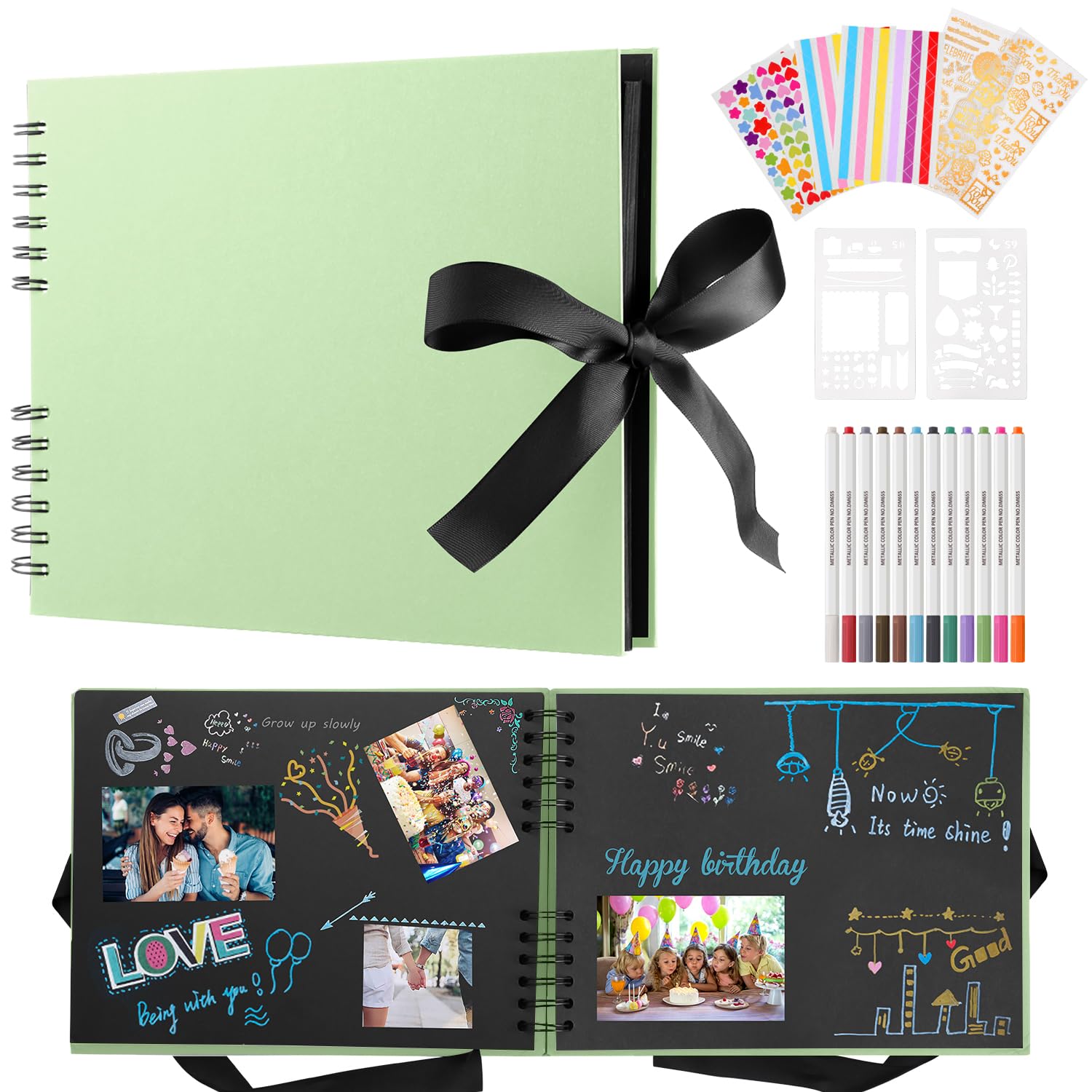 DazSpirit Photo Album Scrapbook - 80 Page DIY Memory Book with 12 Metallic Pens & 8 Photo Stickers, Holds 420 Photos - Scrapbook Kit, Perfect for Writing, Drawing, and Storing Memories(Green)