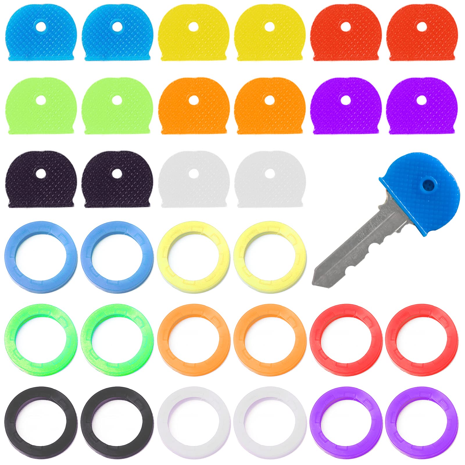 32 Piece Key Caps Set Yutou Plastic Key Identifier Coding Rings Universal and Flexible Rubber Keycaps for Easy Identification Door Keys (8 Colours, 2 Styles)