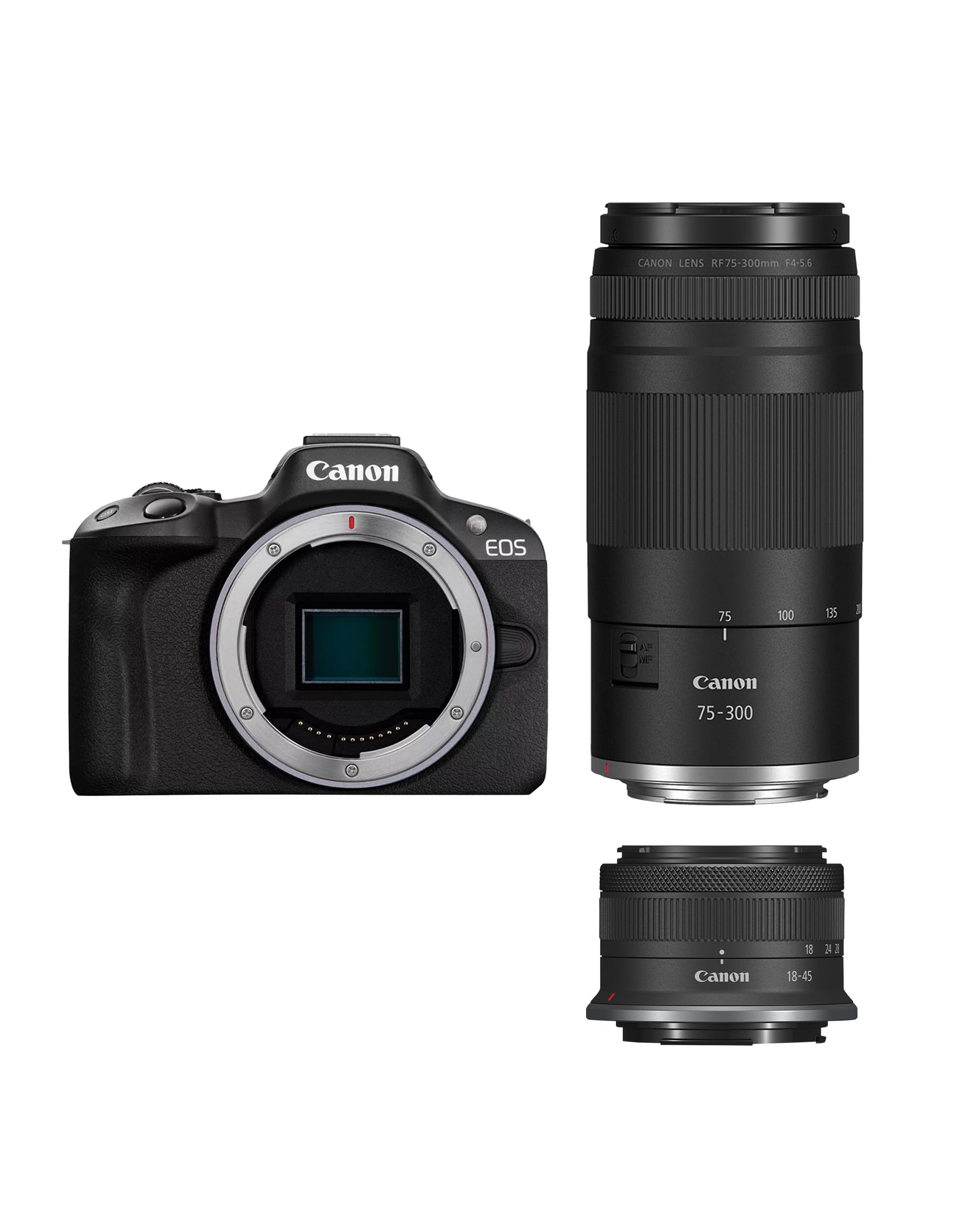 Canon EOS R50 Systemkamera + RF-S 18-45mm + RF 75-300mm Doppelzoom Kit - Spiegellose Kamera (Digitalkamera mit Autofokus + Motiverkennung für Personen Augen Tiere Fahrzeuge, 4k Video.) schwarz