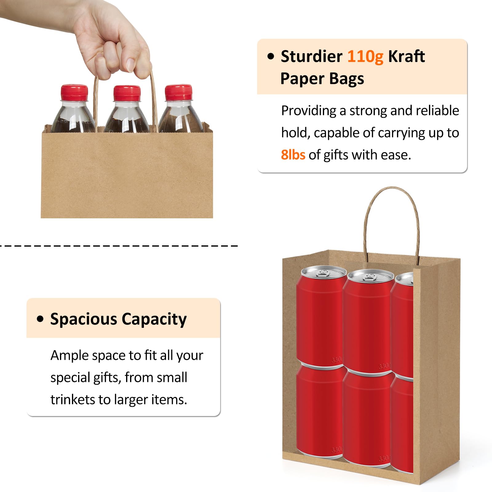 BagDream 25Pcs Brown Gift Bags 8x4.25x10.5 Kraft Paper for Gifts, Shopping Retail Merchandise Grocery Sacks, Brown Paper Bags with Handles Bulk Medium