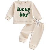 Lesimsam Toddler Baby Boy St Patricks Day Outfit Letter Embroidery Long Sleeve Waffle Knit Sweatshirt and Pants Set