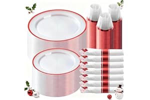 Goodluck 350 Piece Red Plastic Dinnerware Set for Party, Clear Disposable Plates for 50 Guests, Include: 50 Dinner Plastic Plates, 50 Dessert Plates, 50 Pre Rolled Napkins with Cutlery Set, 50 Cups