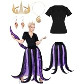 Ramede 5 Pcs Halloween Purple Octopus Costume Women | Purple Tentacle Skirt with Sequined Hem, Gold Crown Headpiece, Necklace, Earrings, Sea Witch Halloween Cosplay Outfit