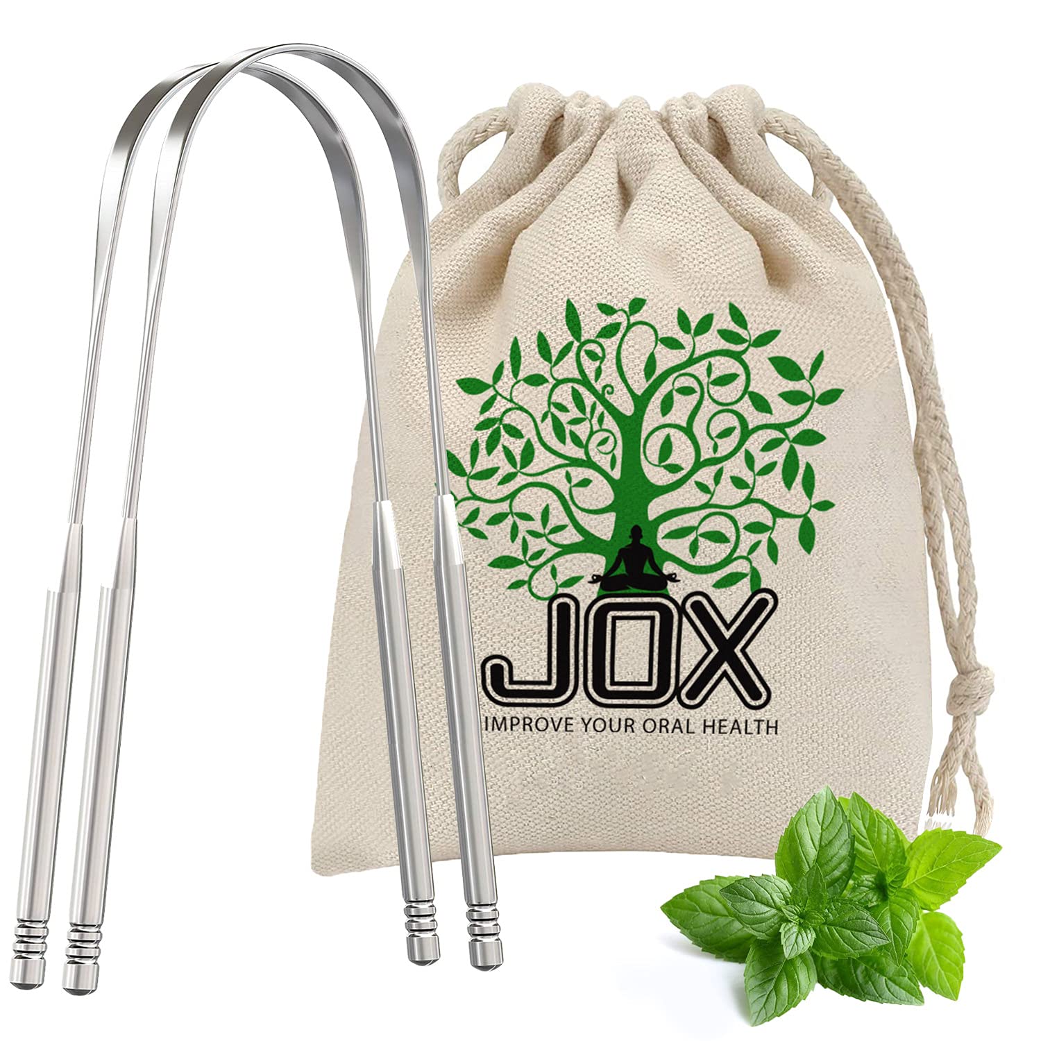 JOX Tongue Scraper Naturally Anti-Microbial - 100% Stainless Steel Tongue scrapers Tongue Care Tool Best Metal Tongue Cleaner and Bad Breath for Adults Oral Hygiene Includes 1 Cotton Bag (2)