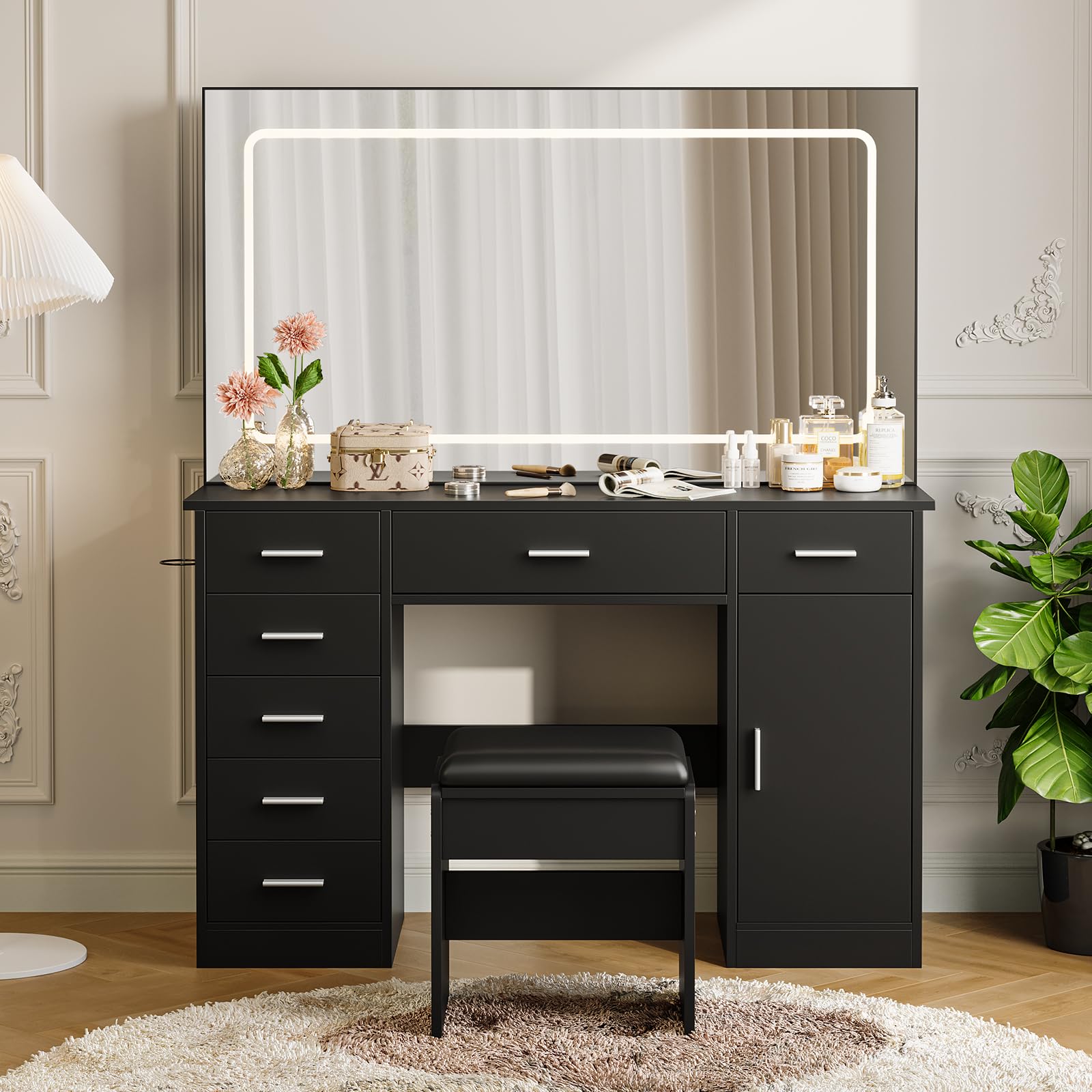 View 1 of **INCOMPLETE, MISSING BOXES** Patikuin Makeup Vanity Desk with Lights & Mirror - 3 Light Modes, Brightness Adjustable, 7-Drawer Dressing Table with Hairdryer Holder, Black for Bedroom