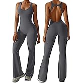 OEAK Womens Flare Jumpsuit with Bra Tummy Control Cutout Romper Workout Outfit Sleeveless Unitard One Piece Backless Bodysuit