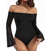 MANGOPOP Women's Off The Shoulder Double Lined Bodysuit Mesh Bell Sleeve Body Suits Sexy Going Out Fall Backless Tops 2025