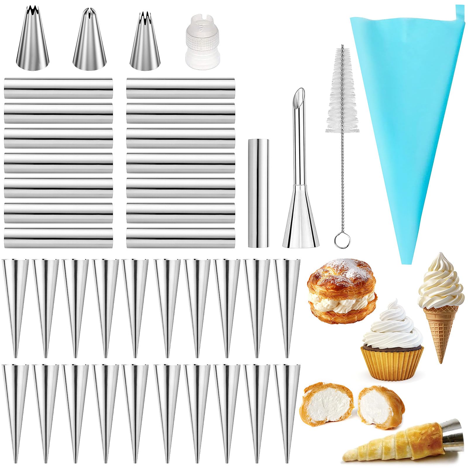 Photo 1 of 42pcs Cannoli Forms Tubes Kit With Piping Bags Reusable,Non-stick Stainless Steel 20pcs Cone Shaped and 15pcs Tubular Shaped Baking Molds for Danish Pastry Lady Lock Form Cream Roll Croissant